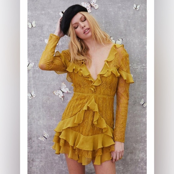 For Love and Lemons Daphne Dress Mustard Yellow Lace Ruffle Coquette Size Small - Picture 1 of 7